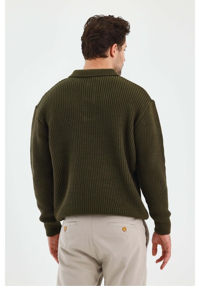 Cool Tarz Erkek Düğmeli Regular Polo Yaka Triko Kazak Haki Haki
