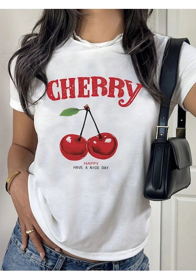 Cherry Happy Baskılı Beyaz Tshirt Anne Kız Kombin - Oversize Bisiklet Yaka Tişört Lacivert-beyaz-279110 Cherry Happy Baskılı Beyaz Tshirt Anne Kız Kombin - Oversize Bisiklet Yaka Tişört Lacivert-beyaz-279110