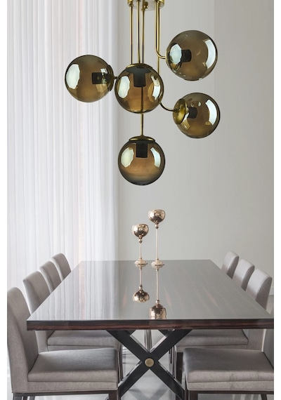 Ömür Avize Vera Modern Tasarım Gold Kasa Füme Globe Camlı Beşli Avize Beyaz