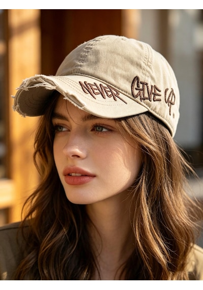 Valkyrie Unisex Bej Never Give Up Nakışlı Baseball Şapka Ayarlanabilir Vintage Streetwear Spor Kep