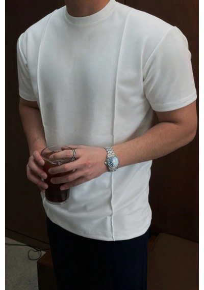 Erkek Çizgi Detaylı Slim Fit Tişört Bisiklet Yaka Casual Pamuklu T-shirt Beyaz