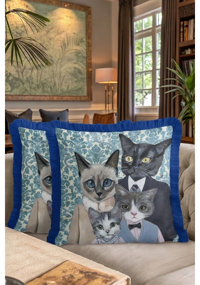 Zarif Vintage Kedi Ailesi Saçaklı Yastık Kılıfı - Sanatsal Bohem Mavi Püsküllü Kırlent Kılıfı Açık Kumlu Nane