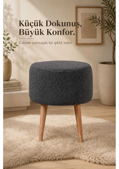 Pufly Peluş Çok Amaçlı Dekoratif Puf Koltuk Dekoratif Puf Ahşap Ayaklı Antrasit Puf Gri