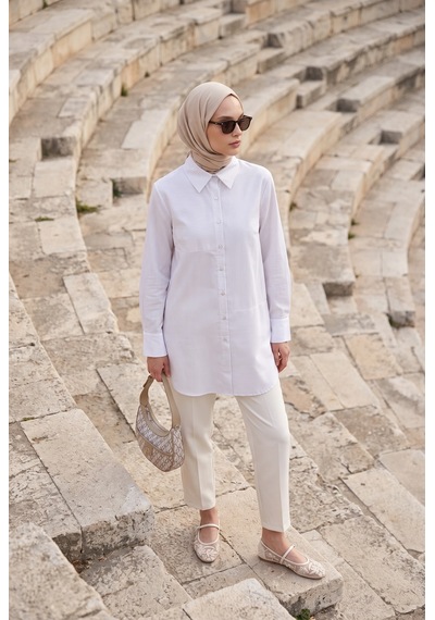 Armine Trend Çizgili Asimetrik Blok Detaylı Düğmeli Uzun Kollu Oversize Gömlek Tunik 90 Cm Boy Bej 26yt490