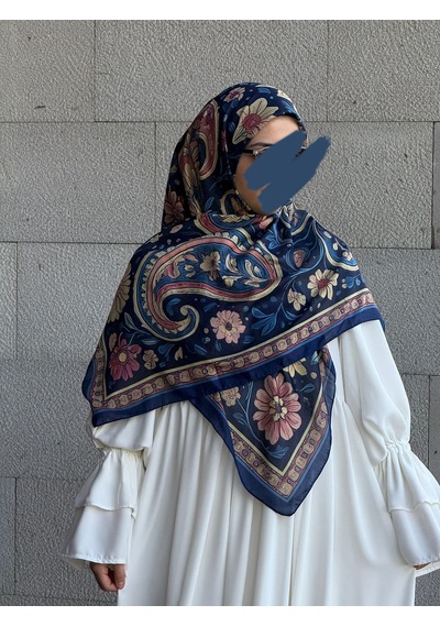 Qalortex Scarf Pamuklu Vintage Desen Eşarp-lacivert
