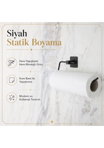 Lexroo Siyah Kare Kağıt Havluluk, Yapışkanlı Ve Vidalı Montajlı Duvara Monte Rulo Havlu Askısı