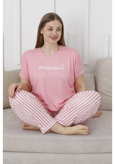 Wordex Mirano 3503 Çizgili Pijamalı Kısa Kollu Büyük Beden Pegasus Kumaş Kadın Pijama Takımı Pembe