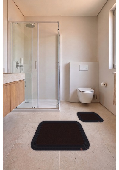 Banyo Paspası Takımı 70x110+50x70 Cm Düz Acı Kahve & Siyah