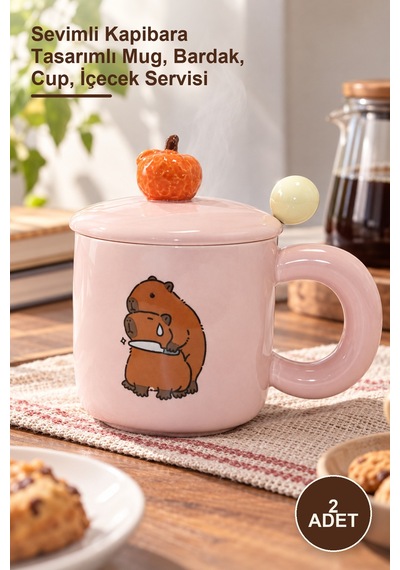 2 Adet 3d Kapibara Desenli Porselen Kupa Sevimli Kapibara Tasarımlı Mug, Bardak, Cup, İçecek Servisi