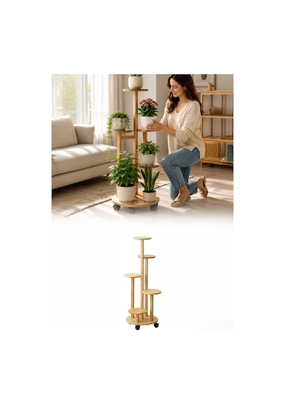 Ahşap 5 Katlı Tekerlekli Çiçeklik Saksılık Dekoratif Daire Model Bitki Rafı