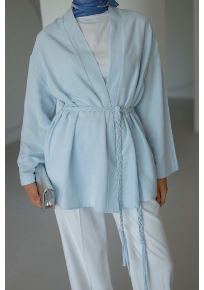 Moonsc Keten Kimono Kemerli Mavi