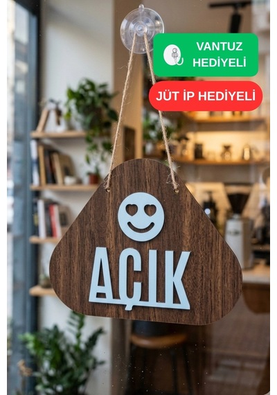 Ahşap Lazer Kesim Emoji Figürlü Açık-kapalı Tabelası - Ceviz