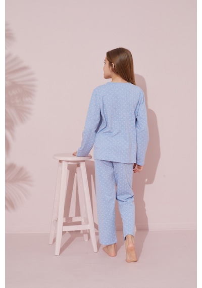 Siyah İnci Pamuklu Örme Pijama Takım 24241084 mavi