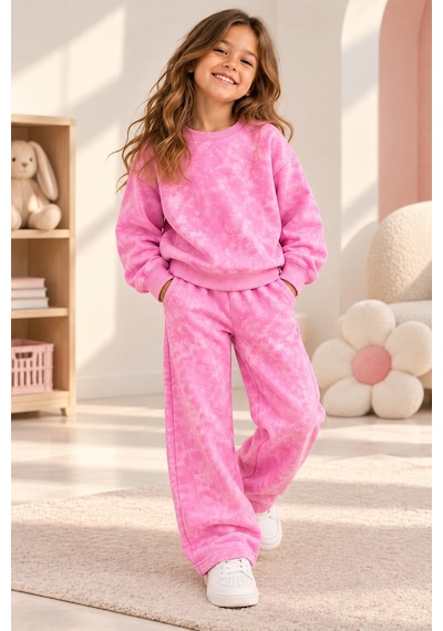 Luess Kız Çocuk Pembe Batik Yıkamalı Sweatshirt Boru Paça Eşofman Altı 2'li Takım