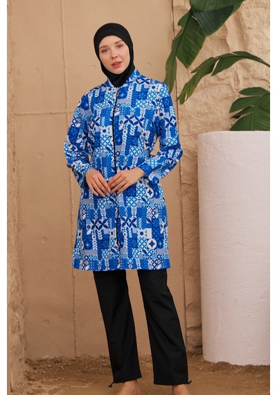 Hmm Swimwear Paraşüt Tam Kapalı Tesettür Mayo Desenli Dokuma 2224-189 Siyah