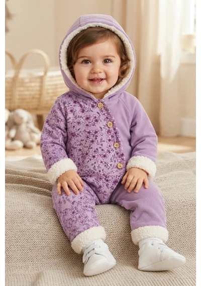 Tuffy Kids Kız Bebek Lila Çiçekli Kapüşonlu Düğmeli Tulum Lila-ekru