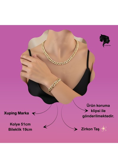 Eva Takı Store Xuping Küba Zinciri Cuban Lınk Hip Hop Rhinestone Set Gold