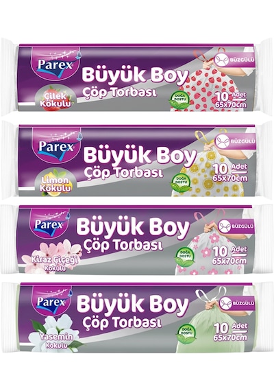 Büyük Boy Büzgülü Çöp Torbası Paketi Çilek, Limon, Yasemin Ve Kiraz Çiçeği Kokulu