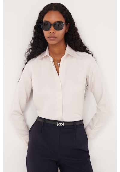 Tudors Kadın Slim Fit Dar Kesim Vucüda Oturan Uzun Kollu Gizli Düğme Detaylı Taş Basic Gömlek-35558 Taş