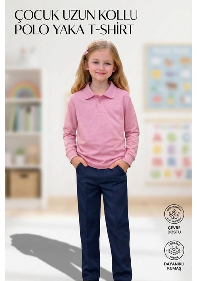 Erdem Kıds Unisex Kız Erkek Çocuk Polo Yaka Pamuklu Uzun Kol Pudra-toz Pembe Günlük Basic Okul Tişört Pembe Pembe