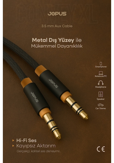 Jopus 3.5mm Aux To 3.5mm Aux Ses Kablosu Stereo Destekli Örgülü 2 Metre