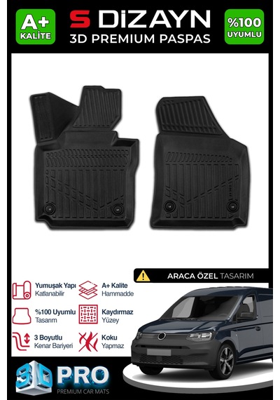 S-dizayn Vw Caddy Panelvan 3d Pro Havuzlu Paspas Ön 2'li 2020 Üzeri A+ Kalite