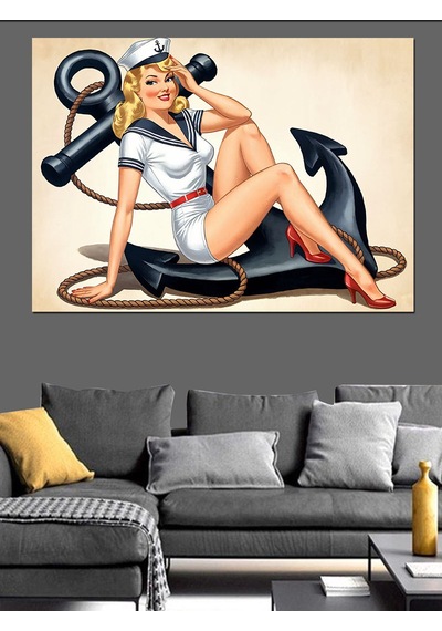 Demir Çapalı Pin-up Kadın Dekoratif Kanvas - Mdf Ahşap Tablo