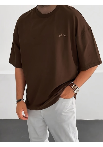 Unisex Dağ Baskılı Oversize Tshirt Kahverengi