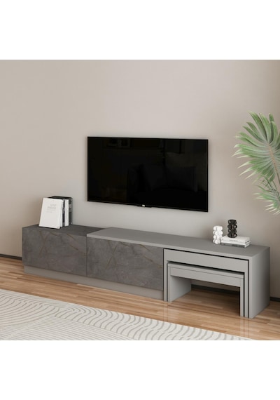 Nest Tv Sehpası Modern Tasarım,2 Kapaklı Depolama Ve İkili Zigon Sehpa İle Fonksiyonel Mobilya Gri Nest Tv Sehpası Modern Tasarım,2 Kapaklı Depolama Ve İkili Zigon Sehpa İle Fonksiyonel Mobilya Gri