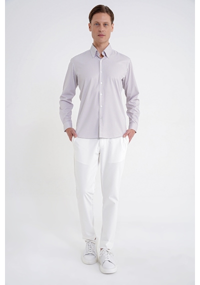 Slim Fit Yaka Düğmeli Baskılı Pamuklu Beyaz Gömlek G 1605