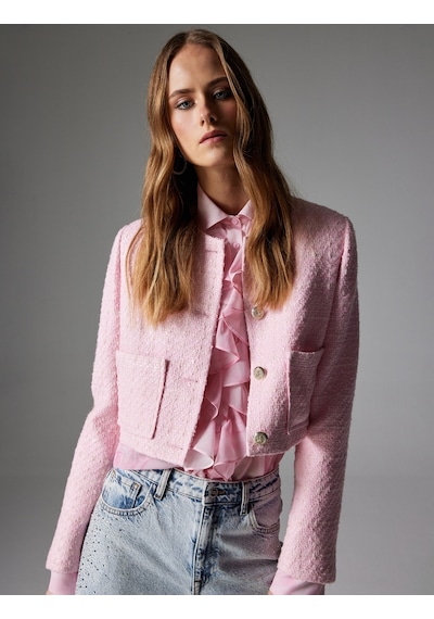 Koton Crop Tüvit Ceket Gold Düğmeli Cep Detaylı Pembe 4sak50079pw 4SAK50079PW282 Gül