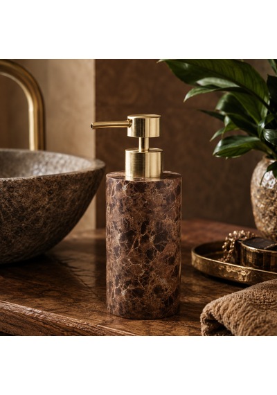 The Voguemaxima Mermer Görünümlü Sıvı Sabunluk Kahverengi Gold Pompalı 7x19 Cm