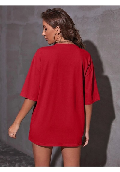 Flood Of Style Kadın Kırmızı Mıamı Baskılı Oversize Bisiklet Yaka Tshirt