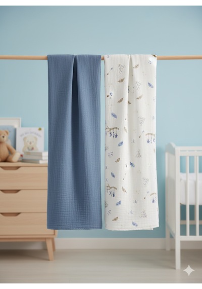 Organik Müslin Bebek Battaniyesi İkili Set Mavi