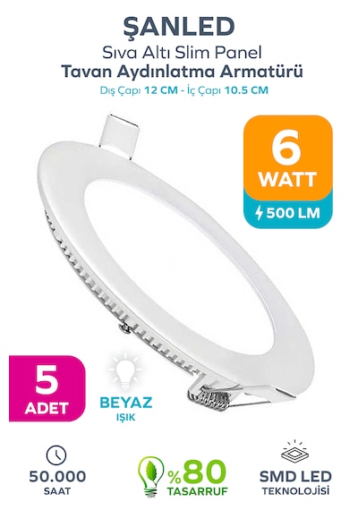 6w Tasarruflu Led Yuvarlak Beyaz Işık Sıva Altı Slim Panel Tavan Aydınlatma Armatürü 5 Adet