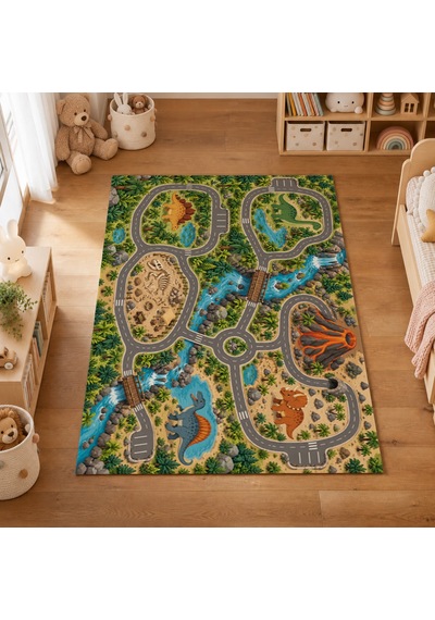 Kartela Halı Dinozor Yolları Çocuk Oyun Halısı Kaymaz Dot Taban Yıkanabilir 160 X 240 Cm