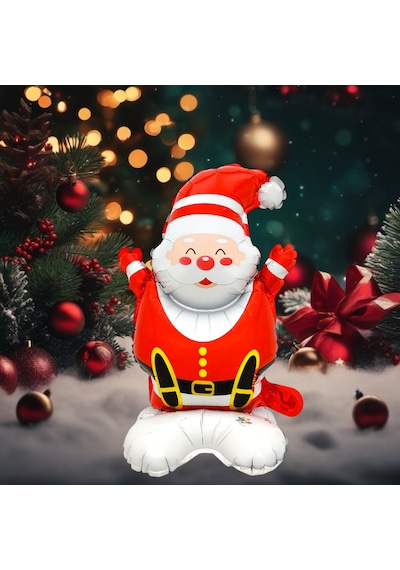 Ayaklı Küçük Oturan Noel Baba Folyo Balon 59x35 Cm Kırmızı - Beyaz