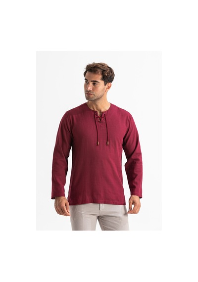 Uzun Kol Şile Bezi Zımbalı Erkek Tshirt Koyu Bordo 3068 Koyu Bordo