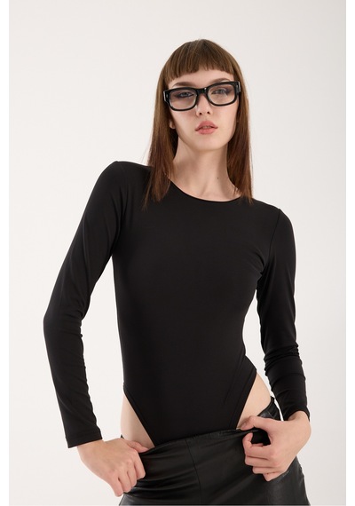Gugus Kadın Bisiklet Yaka Uzun Kollu Çıtçıtlı/zıbın Body Siyah
