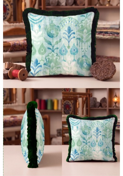 Botanik Tropik Saçaklı Yastık Kılıfı - Egzotik Floral Boho Mint Mavi Siyah Püsküllü Kırlent Kılıfı Gri