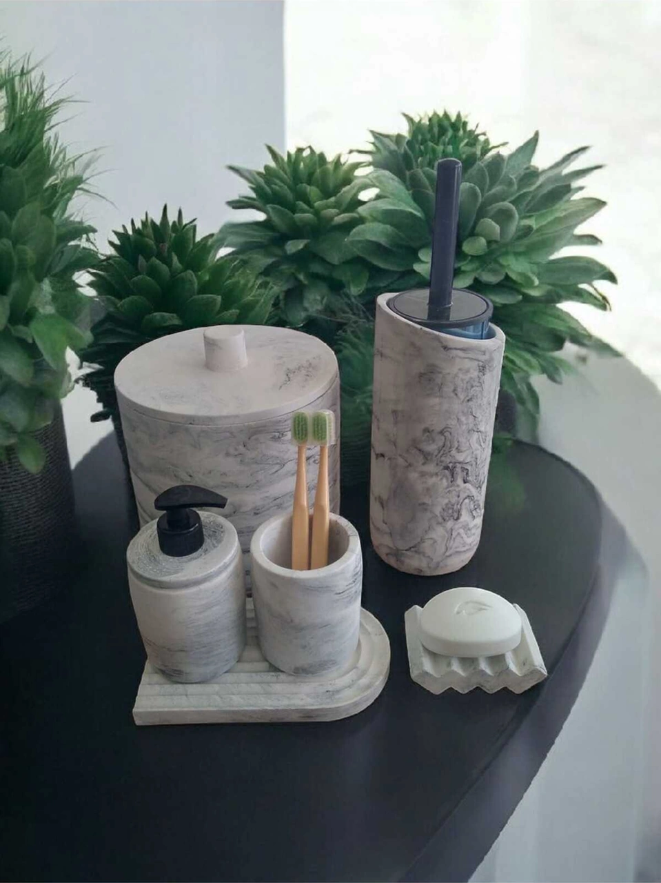 Mermer Serisi Gri Beton Banyo Seti,çöp Kovasi,tuvalet Fırçası Takim Gri