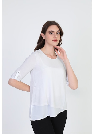 Ella Camelia Kadın Asimetrik Tül Detaylı Bluz 042 Ekru
