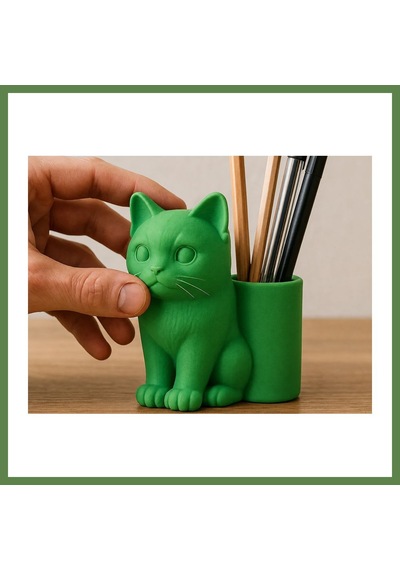 Bezos 3d Baskı Kedi Figürlü Kalemlik - Masaüstü Organizer - Yeşil Hb006