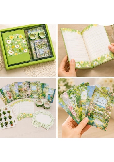 Vintage Çiçek Desenli A6 Günlük Ve Ajanda Hediye Seti - Estetik Scrapbooking Ve Günlük Süsleme Kit Kutusu 116 Parça Yeşil