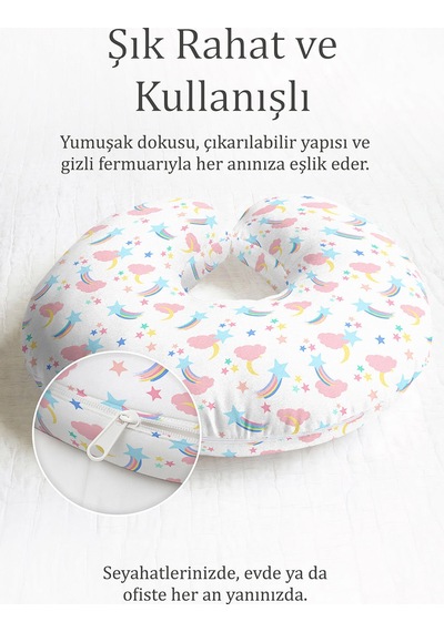 Renkli Gökyüzü Temalı Pamuklu Boyun Yastığı - Pastel Bulut Ay Yıldız Desenli Yumuşak Seyahat Yastığı Sedefli Göl Taba