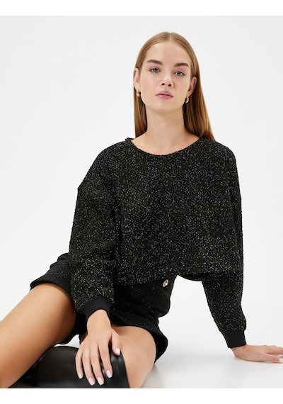 Koton Crop Oversize Tüvit Sweatshirt Uzun Kollu Bisiklet Yaka Siyah 4wal10673ık Siyah