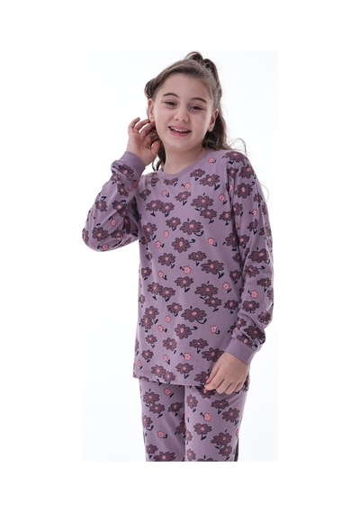 Kız Çocuk Çiçek Desenli Pamuklu Pijama Takımı 8-13 Yaş Rahat Uyku Takımı Mor