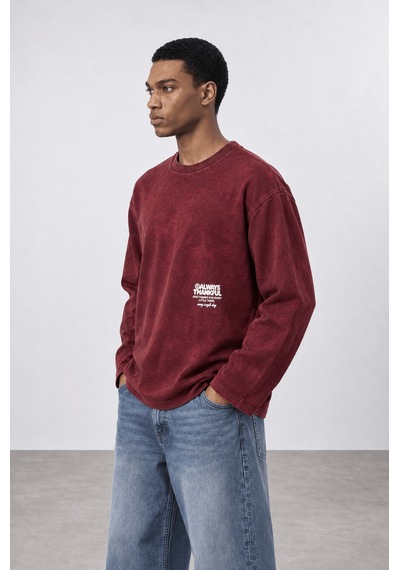 Respire Erkek Always Baskılı Yıkamalı Oversize Long Sleeve Bordo