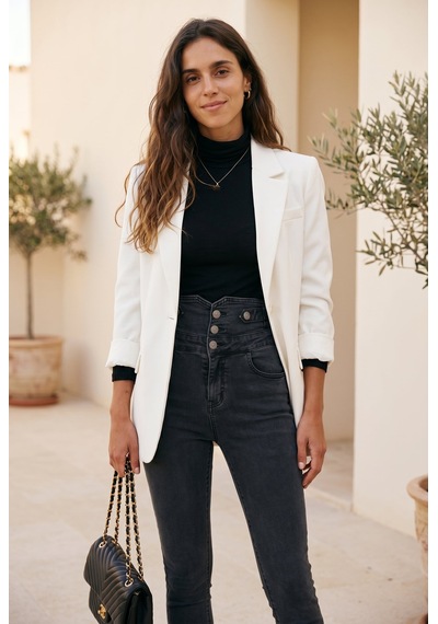 Soulshae Siyah Yüksek Bel Düğmeli Denim Pantolon