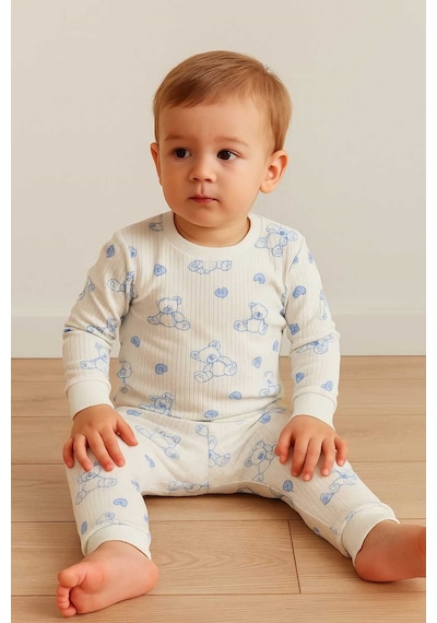 Aden Kids Raporlu Kumaş Desenli Çocuk Pijama Takımı Buz Mavi